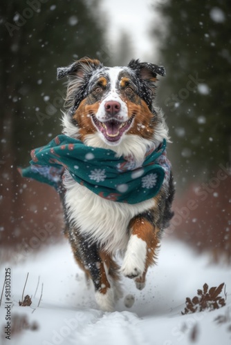 A Beautiful Cheerful Funny Encounter in a Winter Wonderland: A Australian Shepherd dog Animal in a Long Colorful Scarf Races in Beautifully Snowy Serene Glacial Pine Forest (generative AI) © Christine