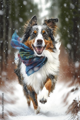 A Beautiful Cheerful Funny Encounter in a Winter Wonderland: A Australian Shepherd dog Animal in a Long Colorful Scarf Races in Beautifully Snowy Serene Glacial Pine Forest (generative AI)