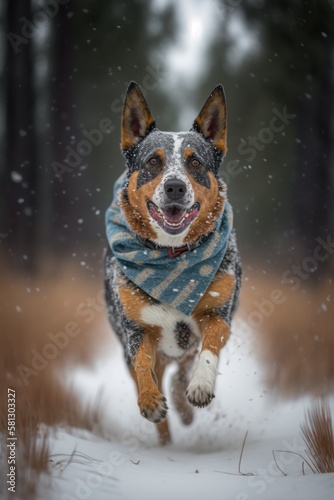 A Beautiful Cheerful Funny Encounter in a Winter Wonderland: A Australian Cattle Dog dog Animal in a Long Colorful Scarf Races in Beautifully Snowy Serene Glacial Pine Forest (generative AI)