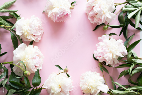 White peonies on a pink background. Free space for your inscription. Beautiful holiday card. Mother's Day. Love and romantic concept
