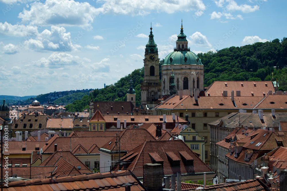 rooftop tiles cityscape of Prague Czechia with historic dome sunny