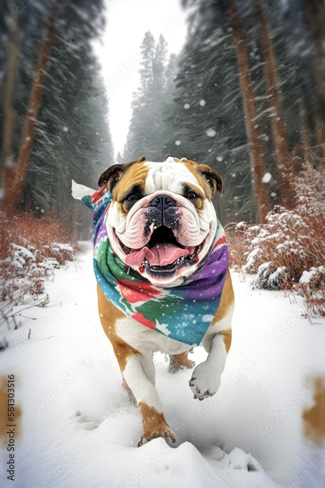 A Beautiful Cheerful Funny Encounter in a Winter Wonderland: A Bulldog dog Animal in a Long Colorful Scarf Races in Beautifully Snowy Serene Glacial Pine Forest (generative AI) A Beautiful Cheerful Funny Encounter in a Winter Wonderland: A Bulldog dog Animal in a Long Colorful Scarf Races in Beautifully Snowy Serene Glacial Pine Forest (generative AI)
