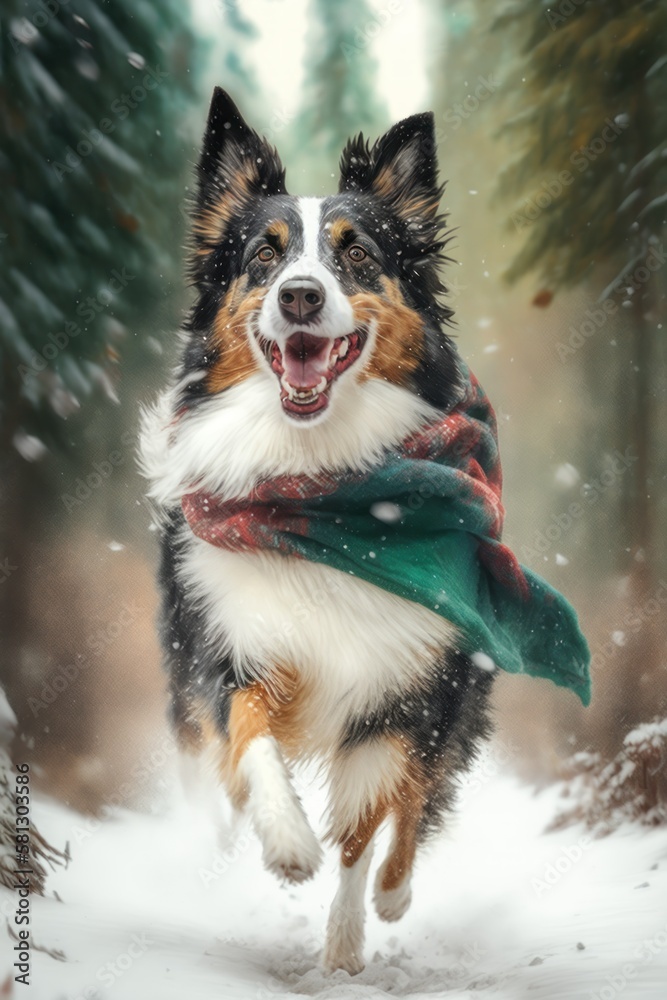 A Beautiful Cheerful Funny Encounter in a Winter Wonderland: A Collie dog Animal in a Long Colorful Scarf Races in Beautifully Snowy Serene Glacial Pine Forest (generative AI) A Beautiful Cheerful Funny Encounter in a Winter Wonderland: A Collie dog Animal in a Long Colorful Scarf Races in Beautifully Snowy Serene Glacial Pine Forest (generative AI)
