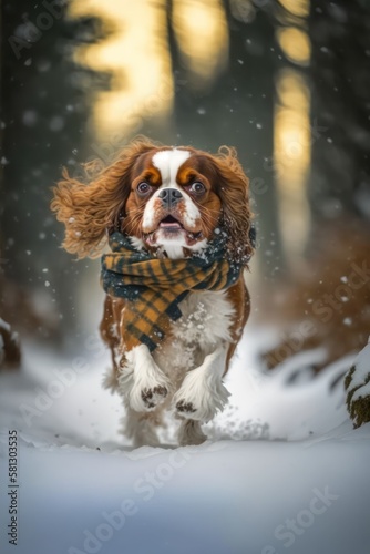 A Beautiful Cheerful Funny Encounter in a Winter Wonderland: A Cavalier King Charles Spaniel dog Animal in a Long Colorful Scarf Races in Beautifully Snowy Serene Glacial Pine Forest (generative AI)
