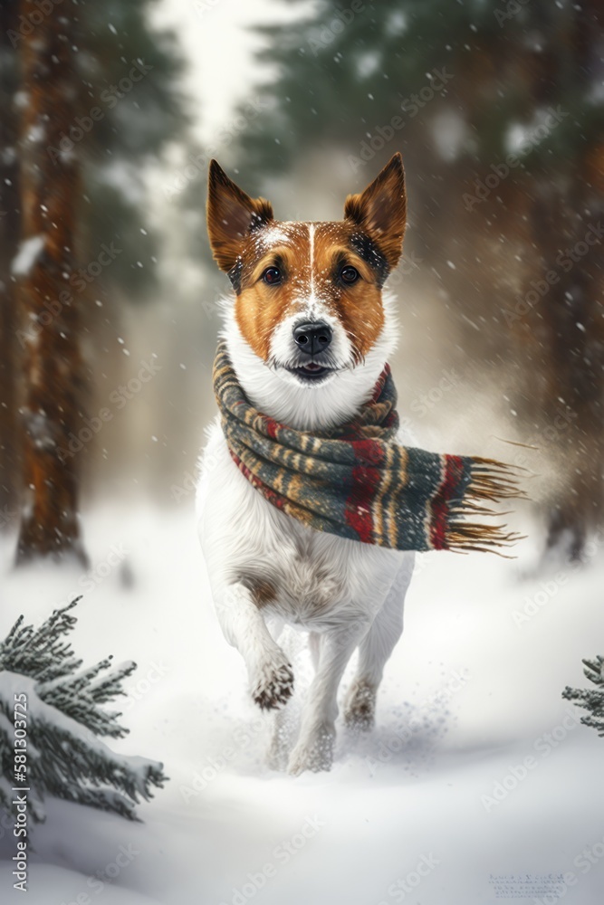 A Beautiful Cheerful Funny Encounter in a Winter Wonderland: A Jack Russell Terrier dog Animal in a Long Colorful Scarf Races in Beautifully Snowy Serene Glacial Pine Forest (generative AI) A Beautiful Cheerful Funny Encounter in a Winter Wonderland: A Jack Russell Terrier dog Animal in a Long Colorful Scarf Races in Beautifully Snowy Serene Glacial Pine Forest (generative AI)