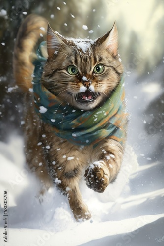 A Beautiful Cheerful Funny Encounter in a Winter Wonderland: A Havana Brown cat Animal in a Long Colorful Scarf Races in Beautifully Snowy Serene Glacial Pine Forest (generative AI)
