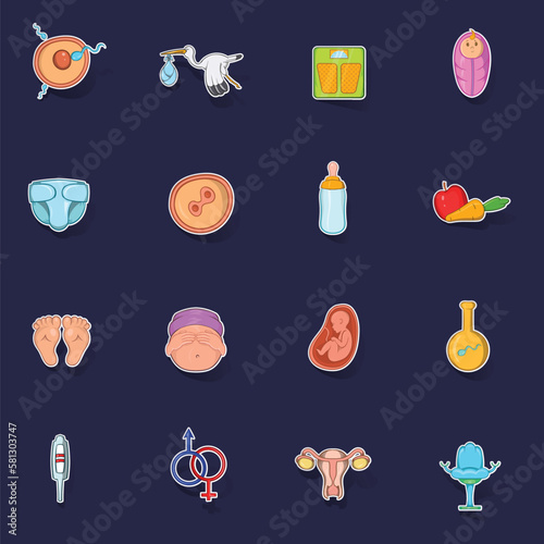 New born baby icons set stikers collection vector with shadow on purple background