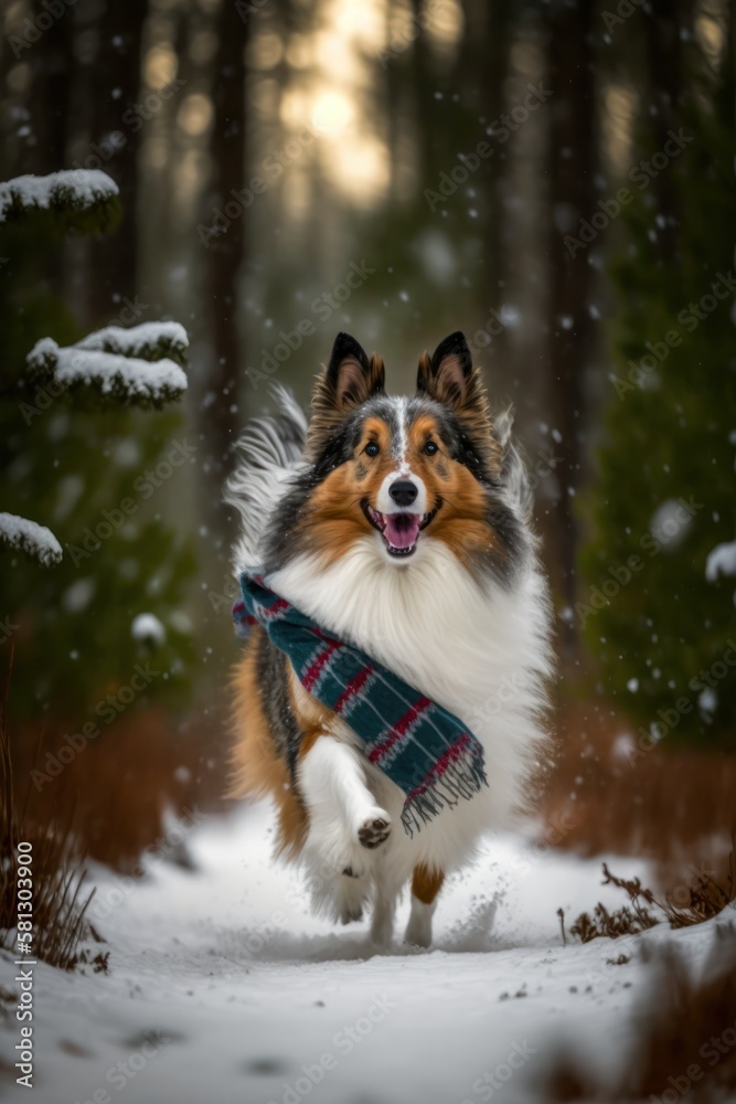 A Beautiful Cheerful Funny Encounter in a Winter Wonderland: A Shetland Sheepdog dog Animal in a Long Colorful Scarf Races in Beautifully Snowy Serene Glacial Pine Forest (generative AI) A Beautiful Cheerful Funny Encounter in a Winter Wonderland: A Shetland Sheepdog dog Animal in a Long Colorful Scarf Races in Beautifully Snowy Serene Glacial Pine Forest (generative AI)