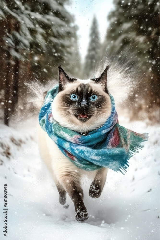 A Beautiful Cheerful Funny Encounter in a Winter Wonderland: A Siamese cat Animal in a Long Colorful Scarf Races in Beautifully Snowy Serene Glacial Pine Forest (generative AI)