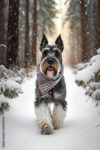 A Beautiful Cheerful Funny Encounter in a Winter Wonderland: A Standard Schnauzer dog Animal in a Long Colorful Scarf Races in Beautifully Snowy Serene Glacial Pine Forest (generative AI)