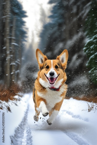 A Beautiful Cheerful Funny Encounter in a Winter Wonderland: A Welsh Corgi dog Animal in a Long Colorful Scarf Races in Beautifully Snowy Serene Glacial Pine Forest (generative AI)