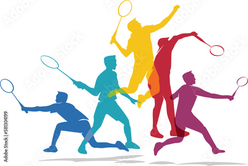 Colorful vector editable badminton player poses for any graphic background 