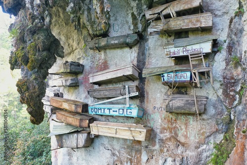 Close-up of the hanging coffins of Sagada on an imposing white rock wall, with the forest in the background.