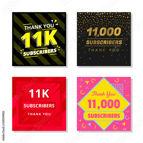 Thank you 11k subscribers set template vector. 11000 subscribers. 11k subscribers colorful design vector. thank you eleven thousand subscribers