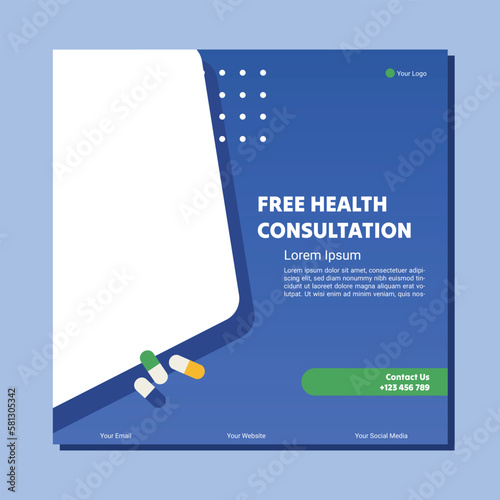 Medical social media post template design. Modern banner with blue and white background and place for the photo. Usable for social media, banner, and website.