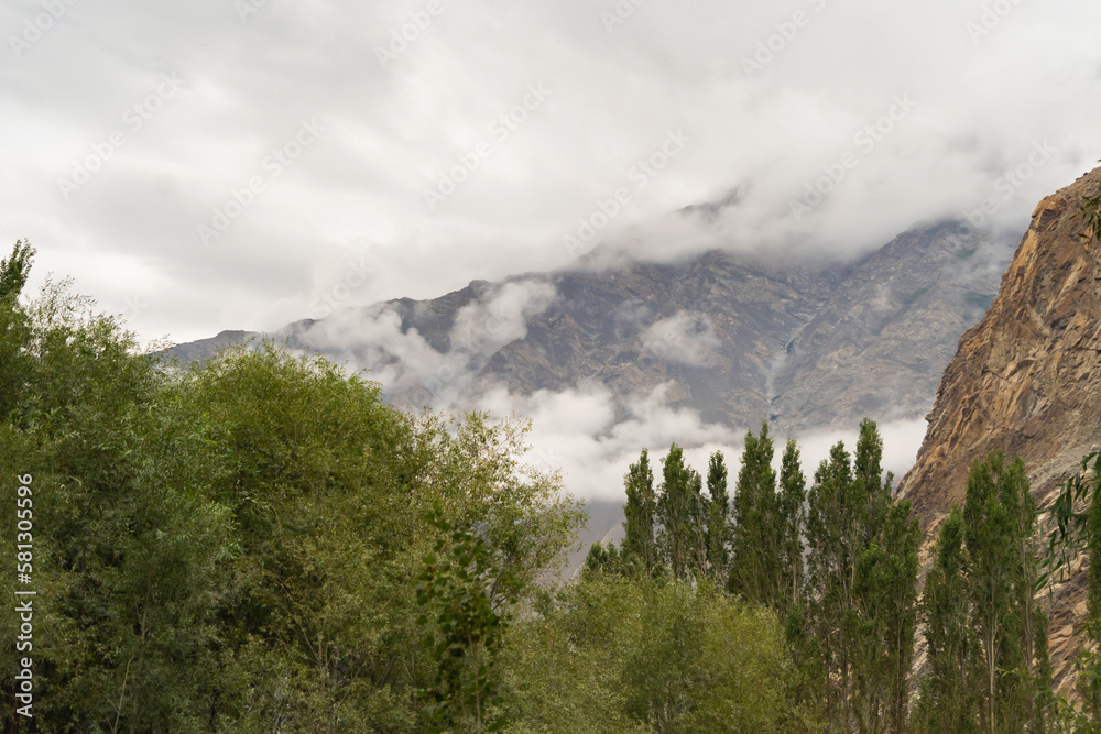 Karakoram high mountain hills. Nature landscape background, Skardu-Gilgit, Pakistan. Travel on holiday vacation.