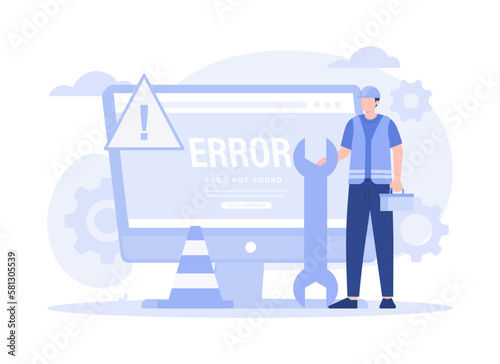 fix 404 error page design concept. Computer screen with error. Modern vector flat illustration