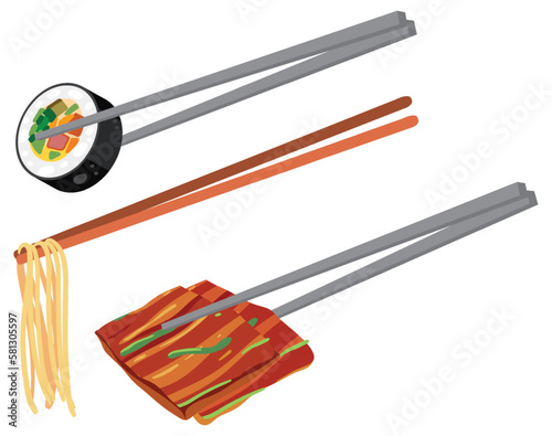 Set of different Japanese foods with chopsticks