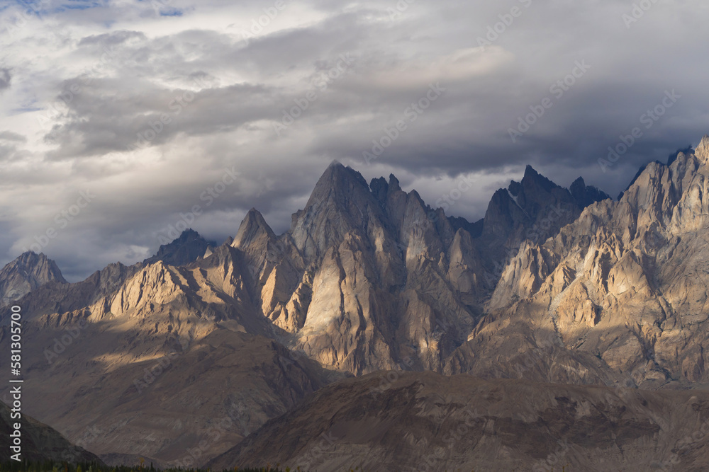 Fototapeta premium Karakoram high mountain hills. Nature landscape background, Skardu-Gilgit, Pakistan. Travel on holiday vacation.