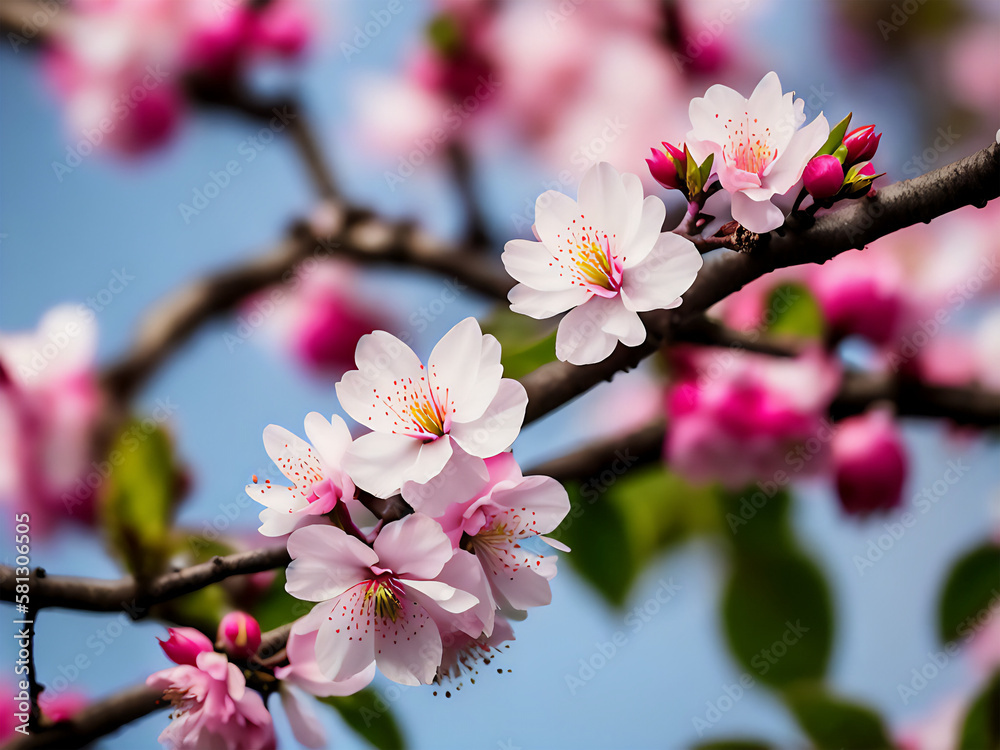 Obraz premium Cherry Blossoms on a branch with soft background of cherry blossoms, generative ai