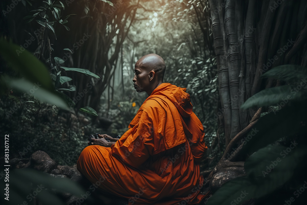 Generative ai illustration of Buddhist monk in meditation in jungle ...