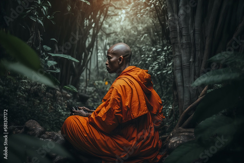 Generative ai illustration of Buddhist monk in meditation in jungle forest 