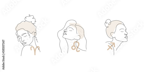 Aries  Leo  Sagittarius. Fire zodiac signs with linear female faces. Astrological icons on white background. Mystery and esoteric. Vector illustration. Horoscope symbols for tarot cards  calendars.