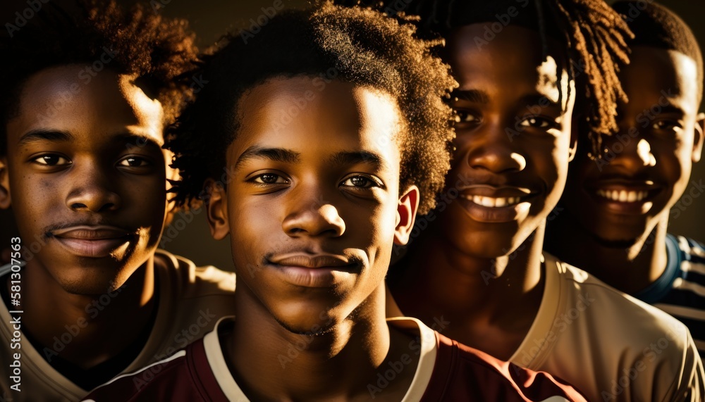 Group of Diverse and Empowered African American Black Youth Male High School Students Working Together in Football : Power of Collaboration in Clubs, Sports Teams (generative AI)