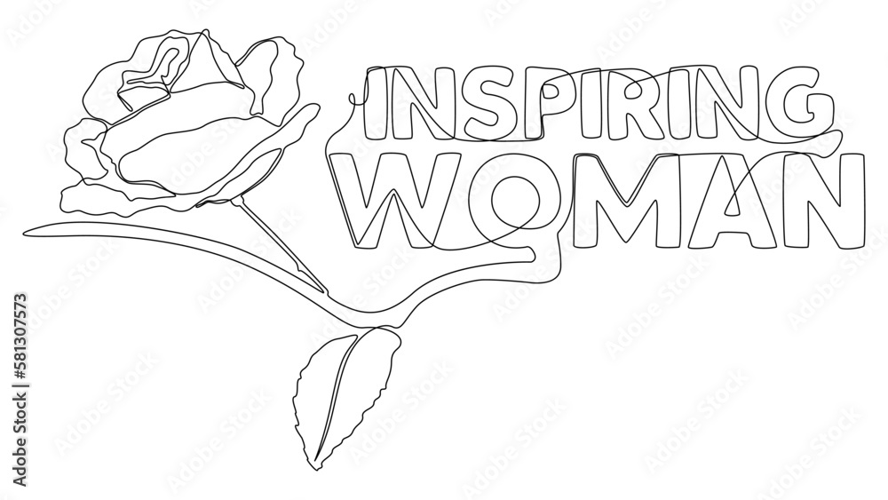 One continuous line of Inspiring Woman word with rose flowers. Thin Line Illustration vector concept. Contour Drawing Creative ideas.