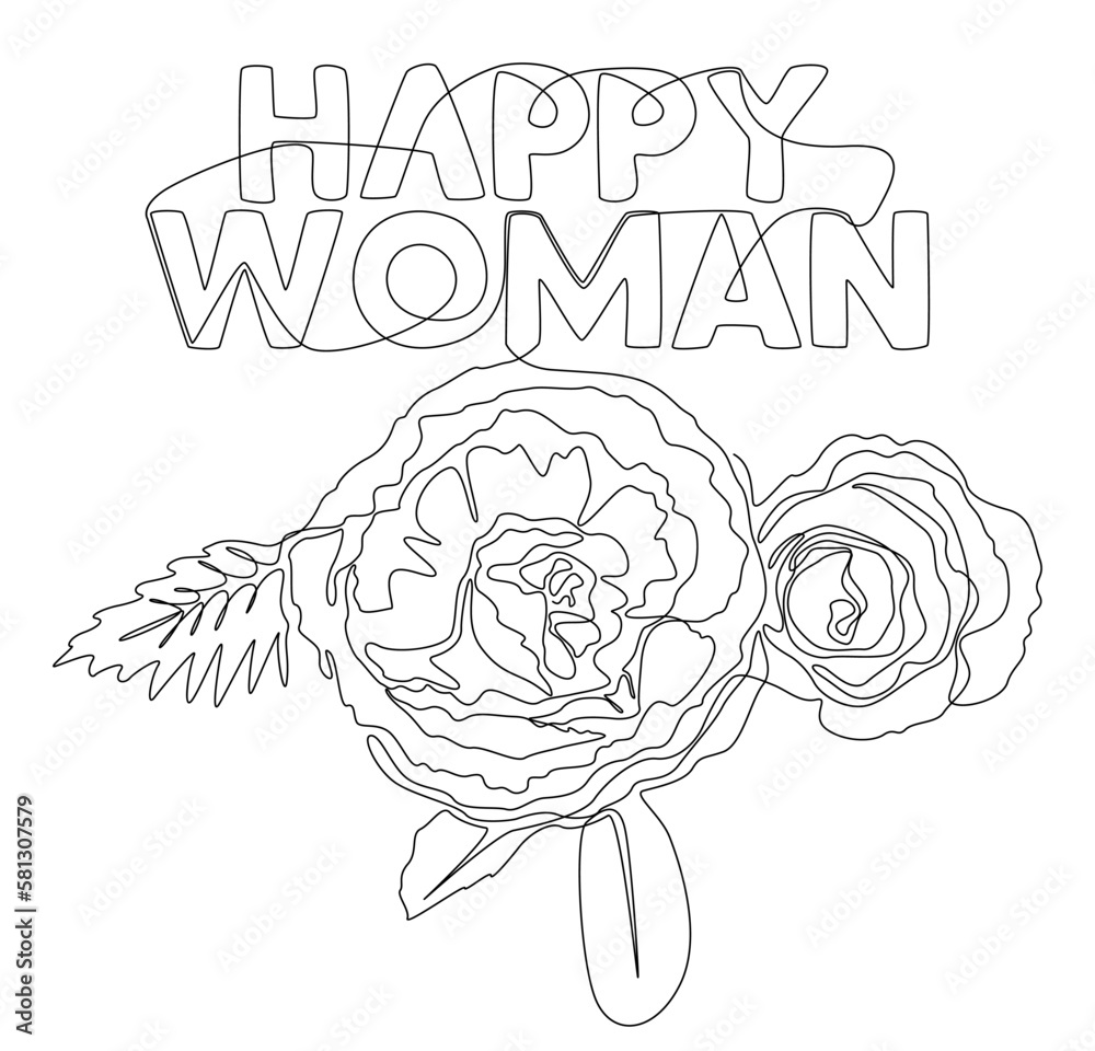 One continuous line of Happy Woman word with rose flowers. Thin Line Illustration vector concept. Contour Drawing Creative ideas. One continuous line of Happy Woman word with rose flowers. Thin Line Illustration vector concept. Contour Drawing Creative ideas.
