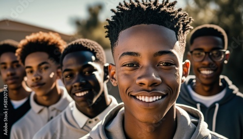 Group of Diverse and Empowered African American Black Youth Male High School Students Working Together in Economics Club : Power of Collaboration in Clubs, Sports Teams (generative AI) © Get Stock