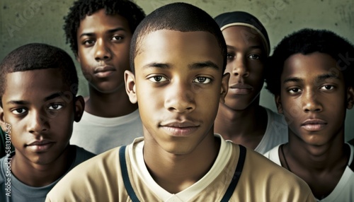 Group of Diverse and Empowered African American Black Youth Male High School Students Working Together in Football : Power of Collaboration in Clubs, Sports Teams (generative AI) © Get Stock