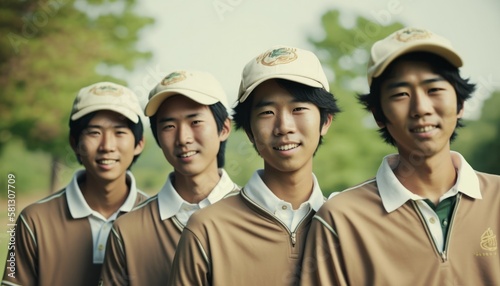 Group of Diverse and Empowered Asian Youth Male High School Students Working Together in Golf : Power of Collaboration in Clubs, Sports Teams (generative AI)