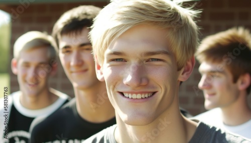 Group of Diverse and Empowered Caucasian White Youth Male High School Students Working Together in Community Service Club : Power of Collaboration in Clubs, Sports Teams (generative AI)