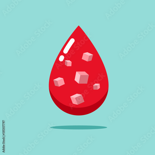 Red blood droplet with sugar. Diabetes glycemic testing blood glucose concept. Vector illustration flat cartoon design.