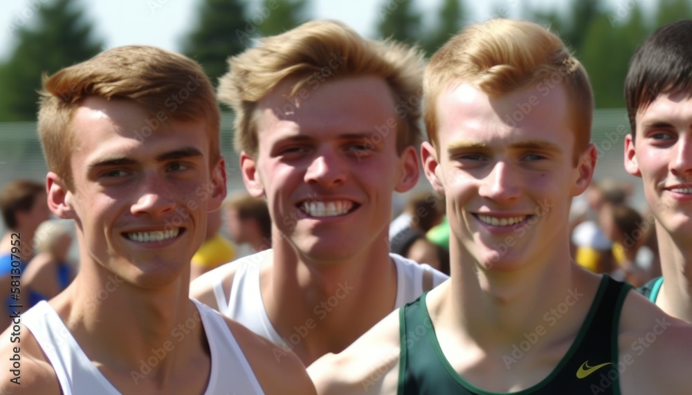 Group of Diverse and Empowered Caucasian White Youth Male High School Students Working Together in Track and Field : Power of Collaboration in Clubs, Sports Teams (generative AI)