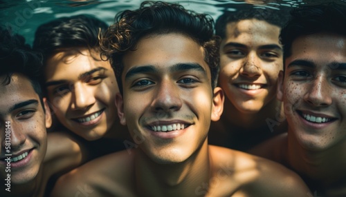 Group of Diverse and Empowered Hispanic Youth Male High School Students Working Together in Swimming : Power of Collaboration in Clubs, Sports Teams (generative AI)