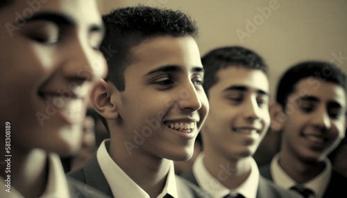 Group of Diverse and Empowered Middle Eastern Youth Male High School Students Working Together in Choir : Power of Collaboration in Clubs, Sports Teams (generative AI)