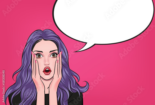 Beautiful pop art woman with wow face holding her hand near her cheek with speech bubble. Sale or sale poster with sexy girl in club.