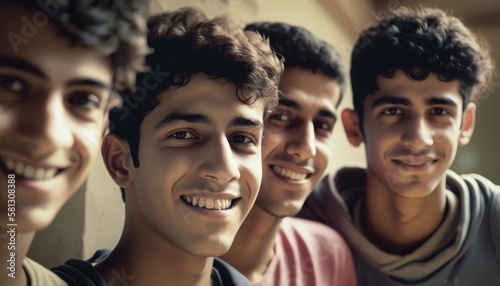 Group of Diverse and Empowered Middle Eastern Youth Male High School Students Working Together in Visual Arts : Power of Collaboration in Clubs, Sports Teams (generative AI)