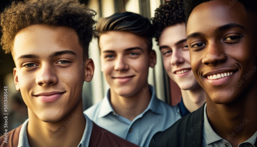 Group of Diverse and Empowered Multiracial Youth Male High School Students Working Together in Economics Club : Power of Collaboration in Clubs, Sports Teams (generative AI)