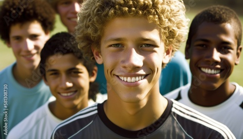 Group of Diverse and Empowered Multiracial Youth Male High School Students Working Together in Soccer : Power of Collaboration in Clubs, Sports Teams (generative AI)