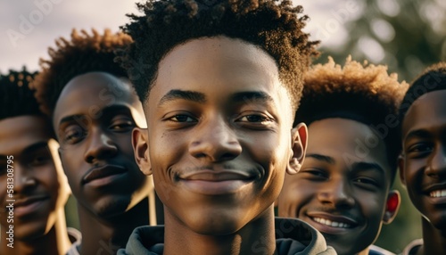 Group of Diverse and Empowered African American Black Youth Male High School Students Working Together in Basketball : Power of Collaboration in Clubs, Sports Teams (generative AI)