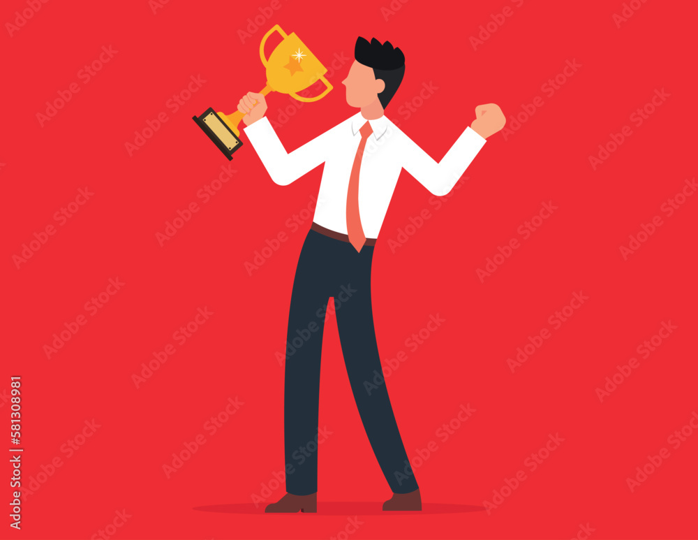 Business awards and achievements. Business man holding a trophy with joy Business awards and achievements. Business man holding a trophy with joy