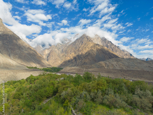 Aerial view of Karakoram high mountain hills. Nature landscape background, Skardu-Gilgit, Pakistan. Travel on holiday vacation.