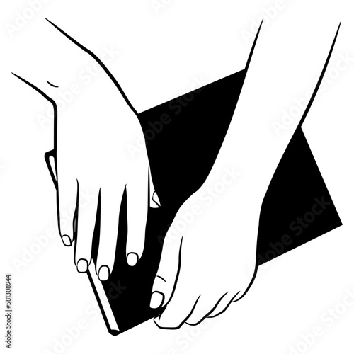 Two human hands holding a book or Bible. Cartoon style. Black and white silhouette.
