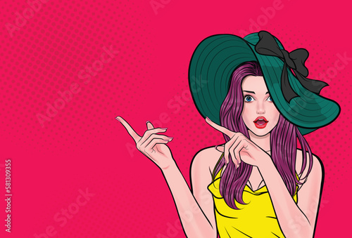Pop Art Dressed Woman in Weird Black Hat and Pointing Finger. Advertising poster or invitation to party with sexy women in cartoon style.