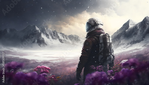 astronaut on alien planet with snow and pink flowers  made with generative ai