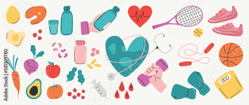 World health day concept, 7 April, element vector set. Hand drawn doodle style of heart, diet food, nutrition, sport, exercise, medicine, heart. Design for web, banner, campaign, social media post.
