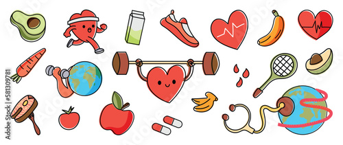 World health day concept, 7 April, element vector set. Hand drawn doodle style of exercise heart, diet food, nutrition, sport, globe, medicine. Design for web, banner, campaign, social media post.
